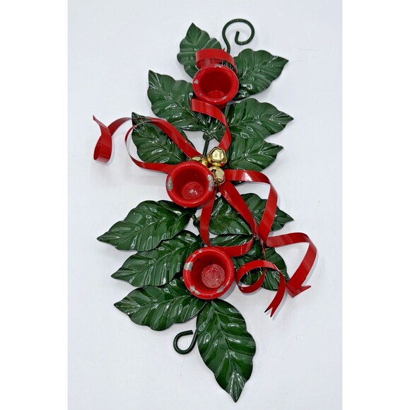 Vintage Christmas Department 56 Metal Holly Ribbon Candle Holder 3 Candles 12” - Picture 3 of 13